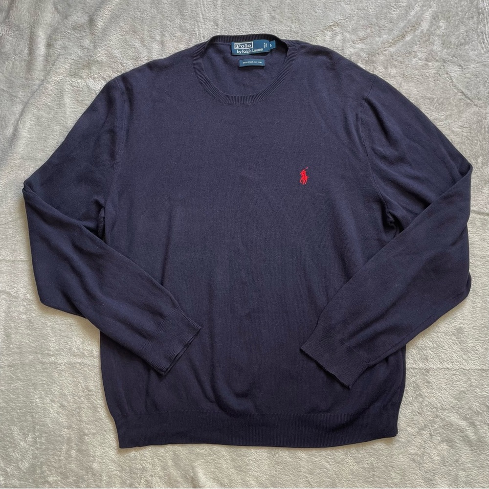 Polo Ralph Lauren Sweater Large Men’s Pima Cotton Navy Blue Preppy Pony Vintage